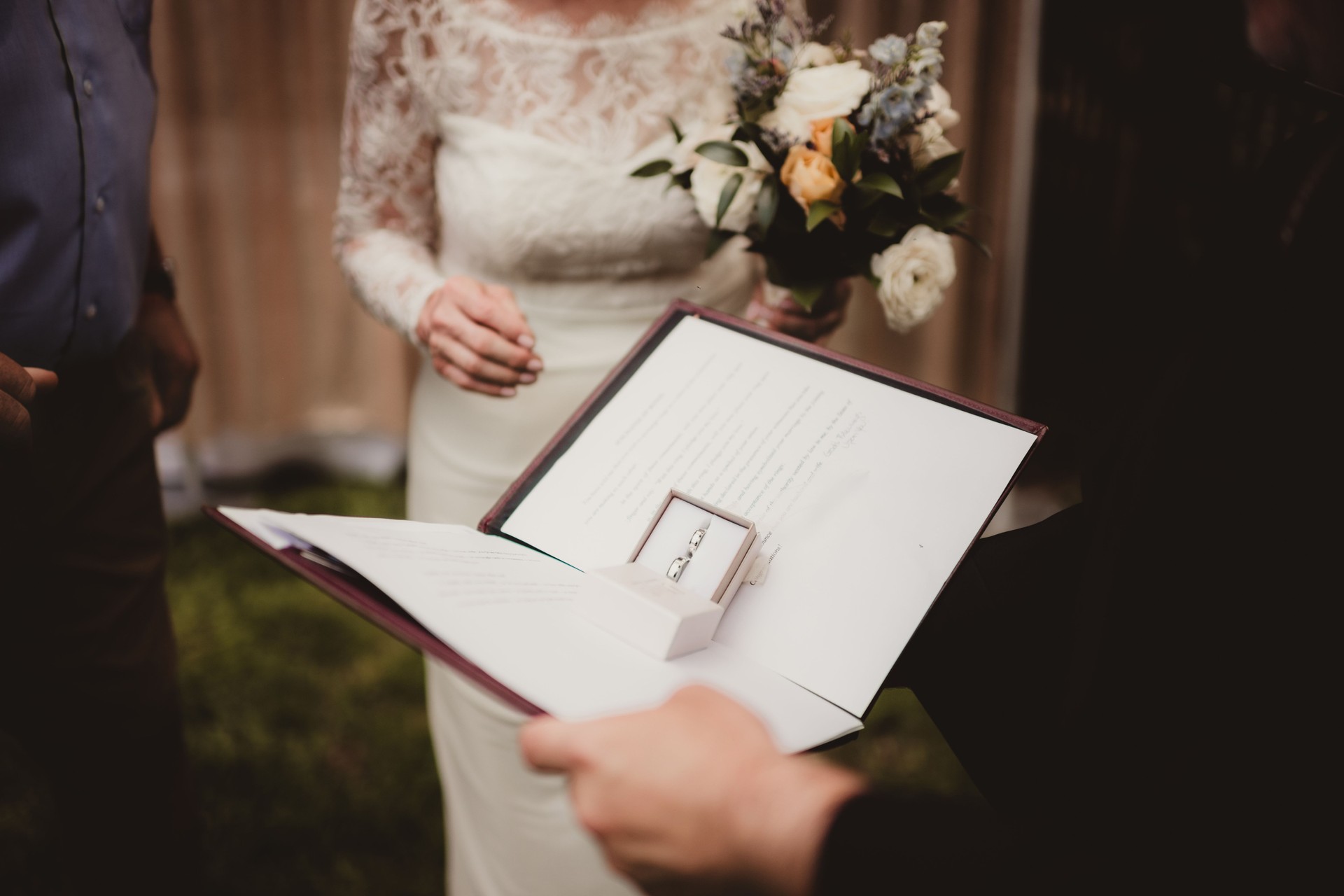Bride and groom exchanging wedding rings and vows